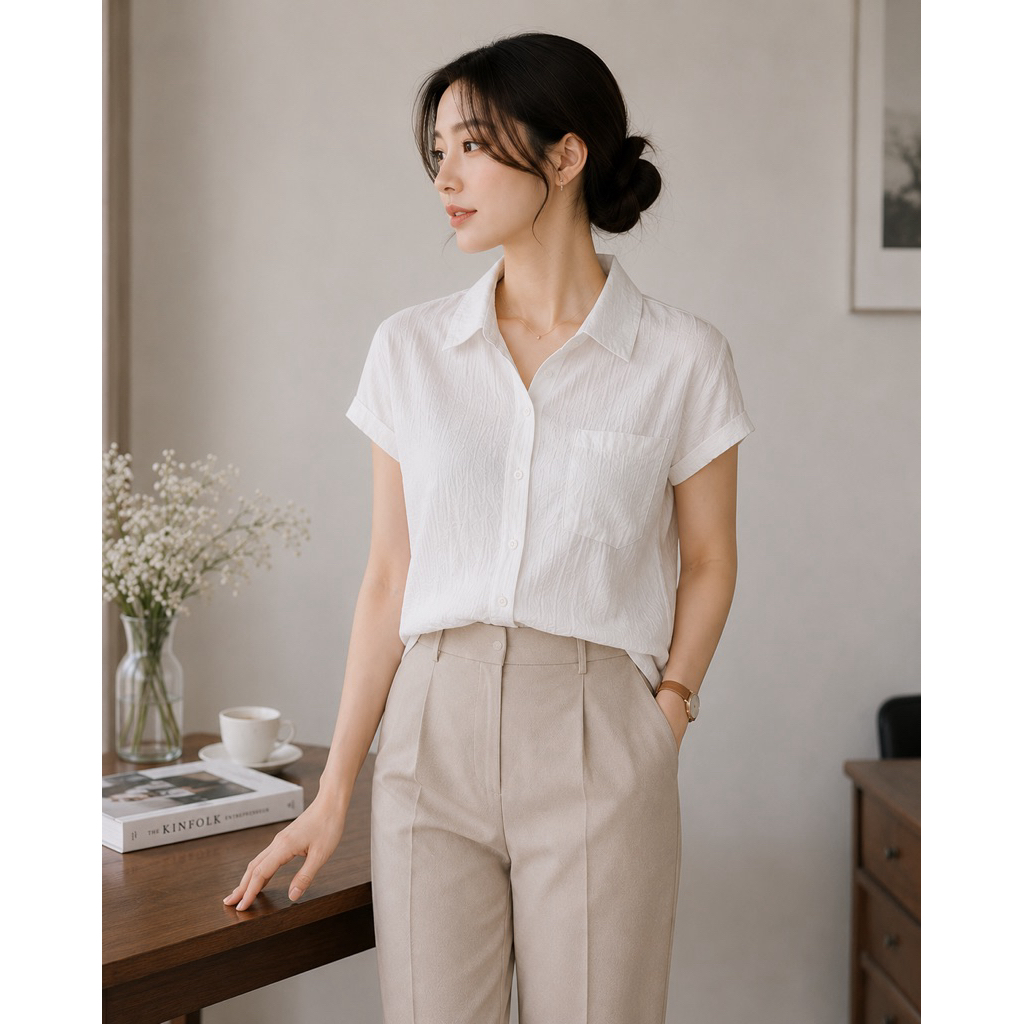 Calvin Klein Áo Sơ Mi Nữ Tay Ngắn Màu Trắng Size M Làm Việc Vải Nhăn Có Họa Tiết Tối Giản Polyester 