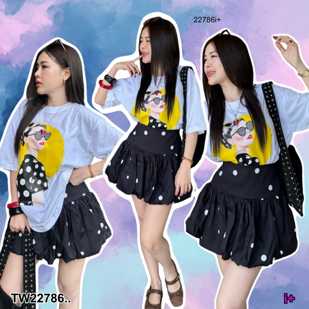 Bộ 2 Áo Thun Quá Khổ + Váy Bóng Bi Chấm Bi.. TW22786 TwinsShopVip