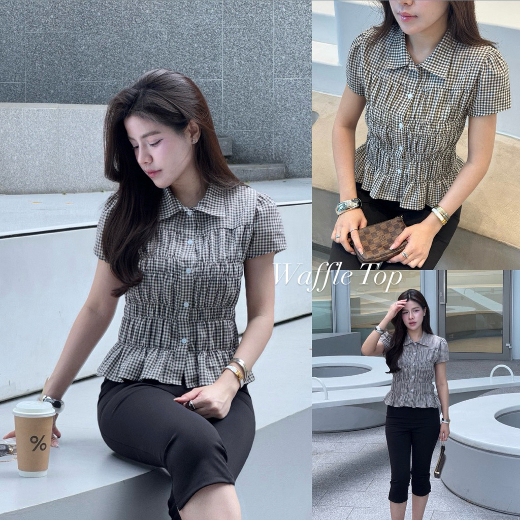 Áo Waffle Top (Áo Waffle) - Áo sơ mi cổ giả có họa tiết ca rô. Mặc và che giấu hình ảnh của bạn (Waf