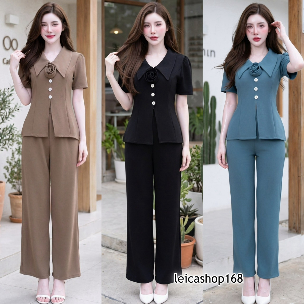Bộ Tiệc Len Sóng Vải Cổ Áo Sơ Mi Có Nơ Trang Trí Ở Nút Trước + Quần Eo Mịn Có Túi Phù Hợp Với A8051