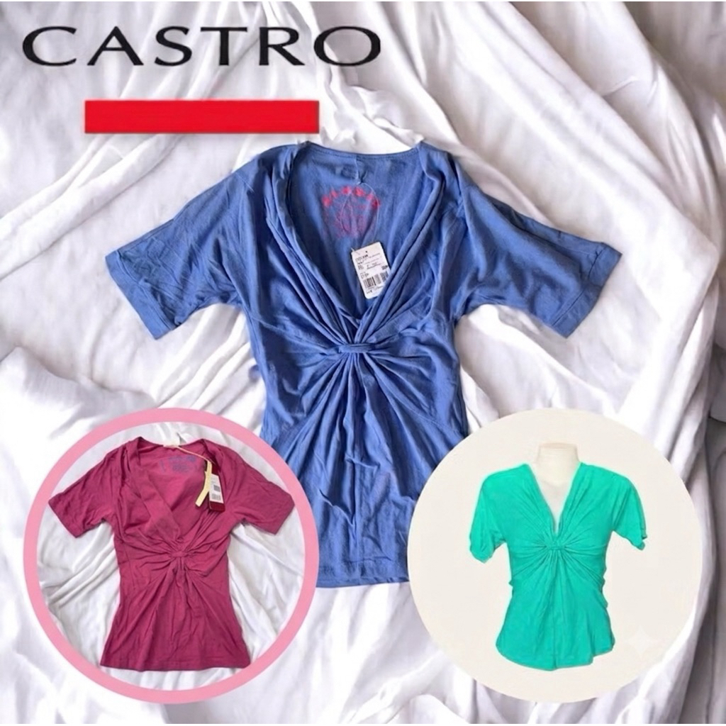 Castro (Castro) GC129 Áo Sơ Mi Nữ Tay Ngắn Cổ Chữ V Xếp Ly Phía Trước Xanh / Xanh Dương