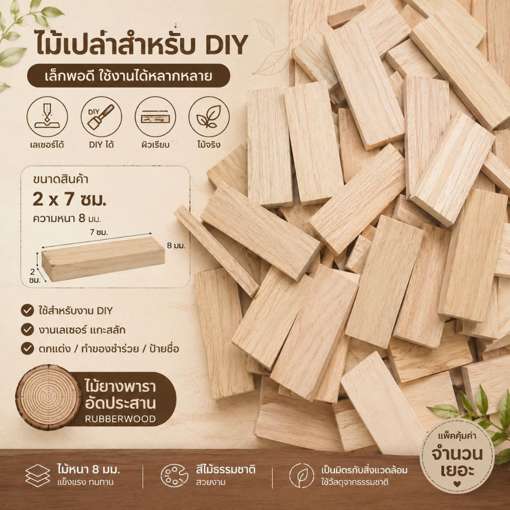 Biển hiệu bằng gỗ vuông DIY Size 2x7 Cm. (Gỗ cao su thật)