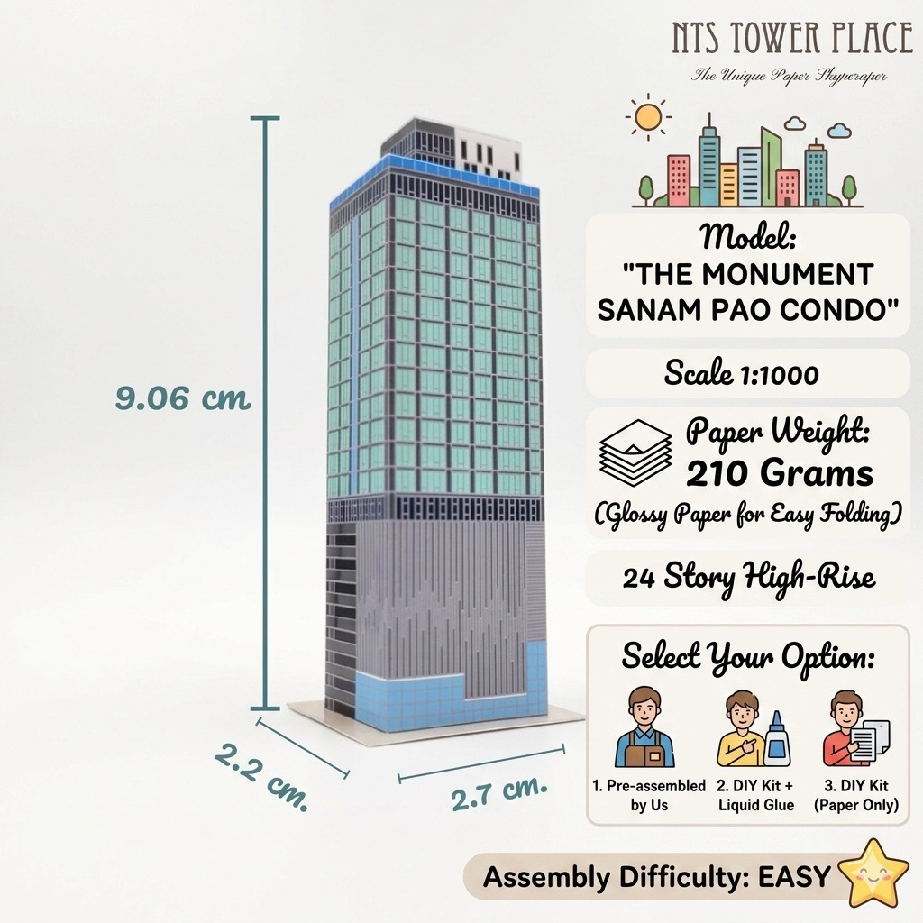 Mô hình xây dựng giấy Condo Tượng đài Sanam Pao Có 24 tầng Chiều rộng 2,7 cm. Chiều sâu 2.2 Chiều ca