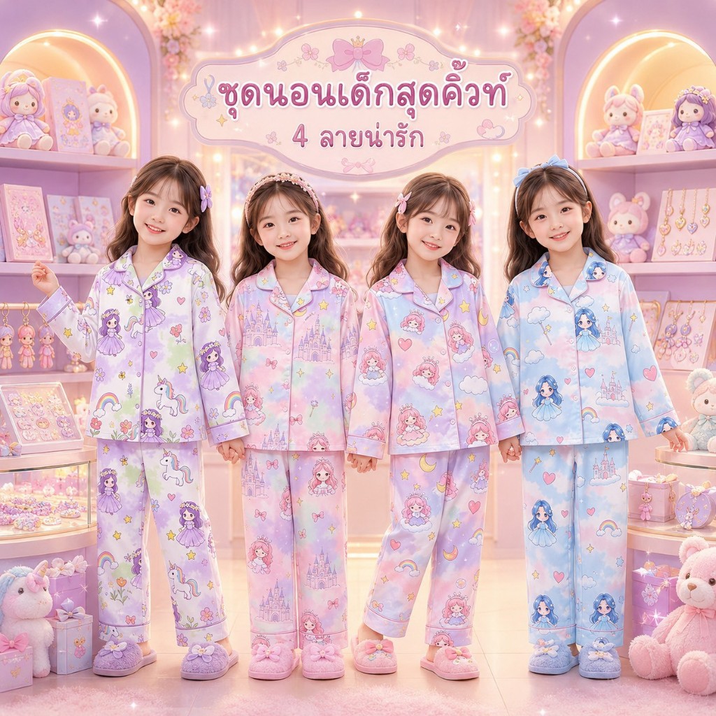 MC373 Bộ Đồ Ngủ Bé Gái Kỳ Lân Họa Tiết Công Chúa Màu Pastel Dài Tay Quần Dễ Thương