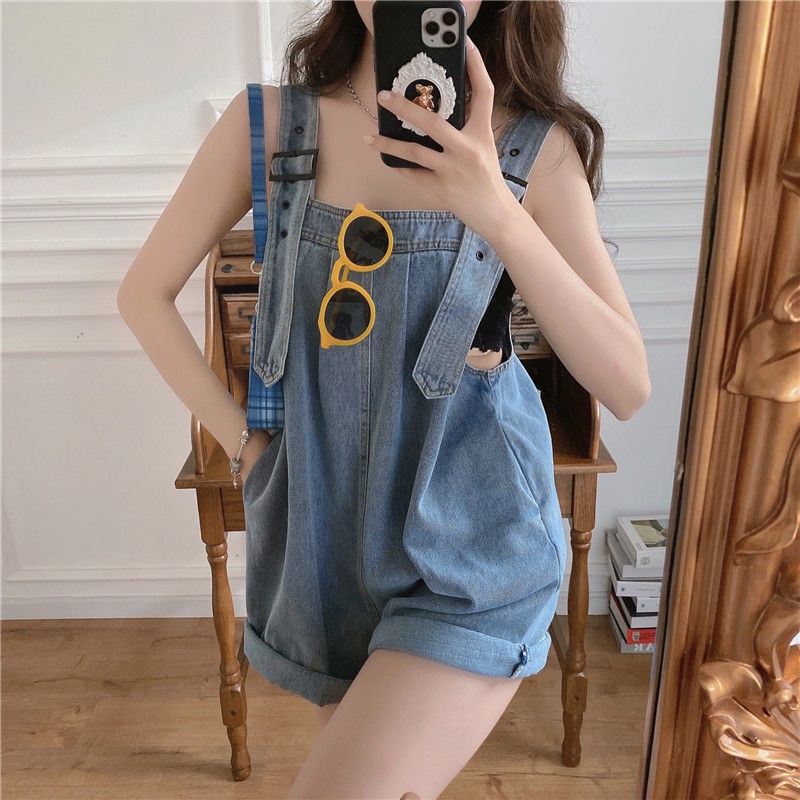 Quần Yếm Denim Ngắn Lưng Cao Ống Rộng Thời Trang Mùa Hè 2023 Mới Cho Nữ