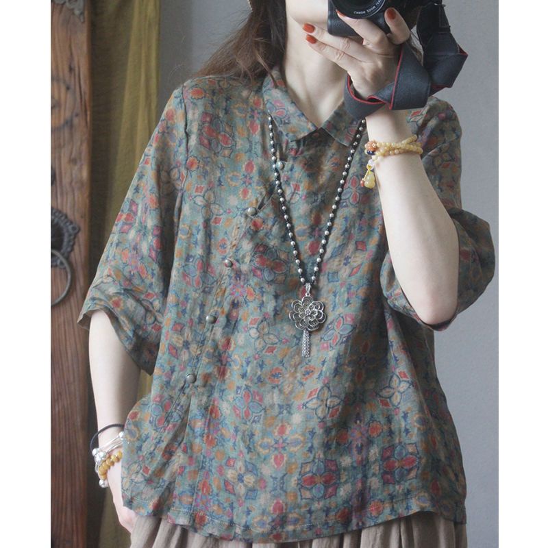 ICE Cotton Linen Printing Chinese Knot Button Shirt Niche Top Western Style Youthful-Looking Female Retro and Hipster Style