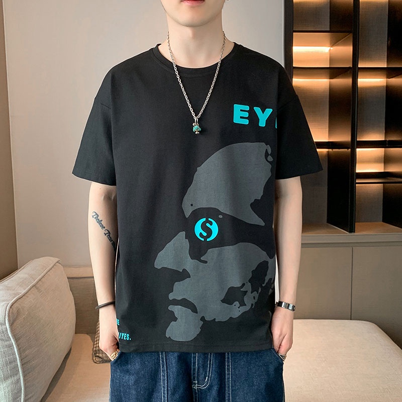 Áo Thun Ngắn Tay Cổ Tròn Dáng Rộng In Họa Tiết Cá Tính Theo Phong Cách Mùa Hè Dành Cho Nam
