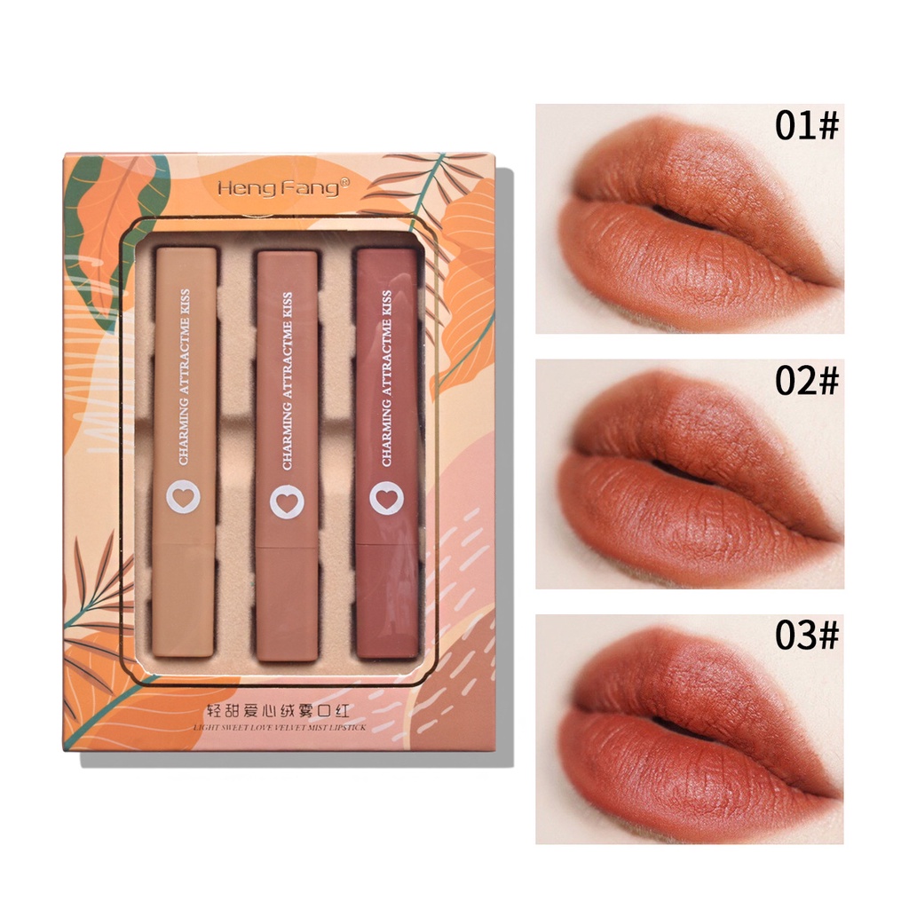 Set 3 son môi HENGFANG chống thấm nước và lâu trôi cao cấp chuyên dụng