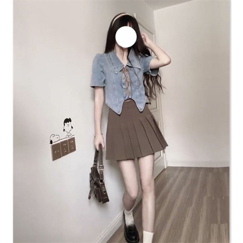 Y2k Áo Sơ Mi Denim Ngắn Thắt Dây Eo Cao Ôm Dáng Mùa Hè Màu Trơn Cổ Điển Cho Nữ