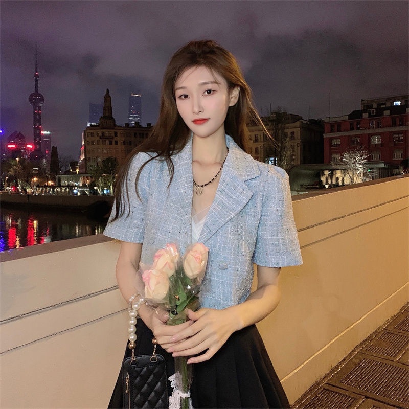 BLTY Áo Sơ Mi Ngắn Tay Hai Hàng Nút Họa Tiết Kẻ Ô Phong Cách retro Pháp Thời Trang Dành Cho Nữ