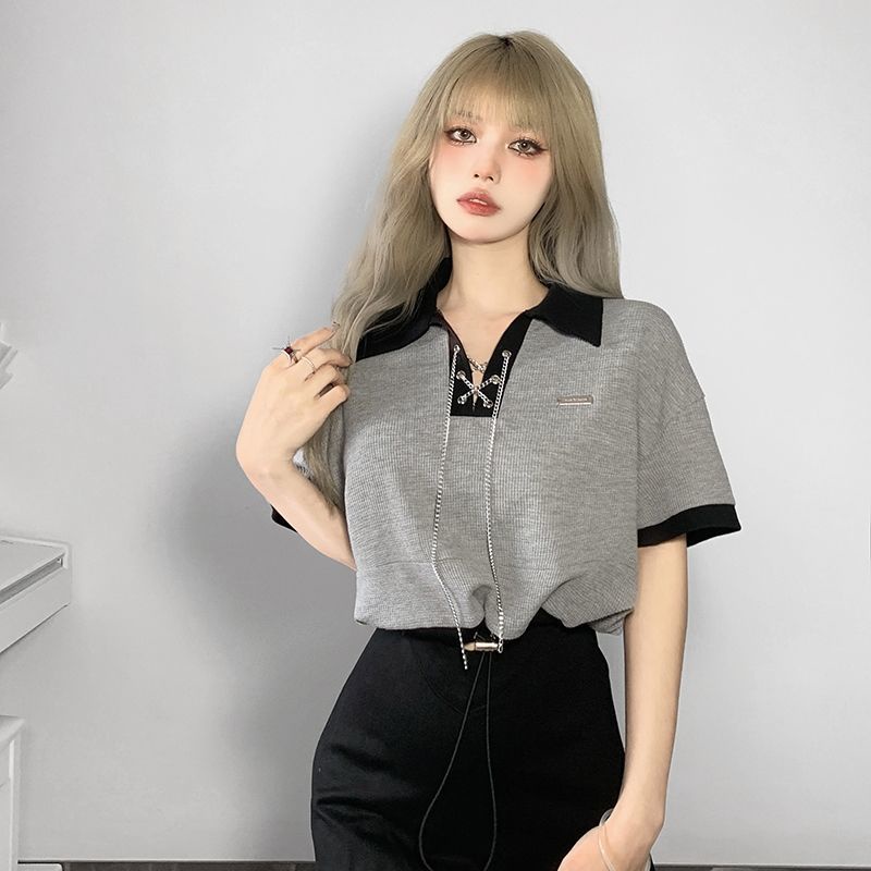 Áo Thun Ngắn Tay Dáng Rộng Phối Dây Xích Cá Tính Dành Cho Nữ