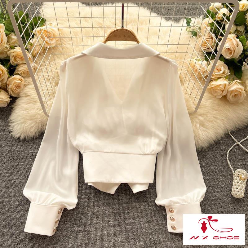 Áo Sơ Mi Tay Phồng Dài Cổ Chữ V Phong Cách Pháp Sang Trọng Cho Nữ