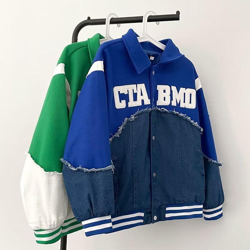 Len Khâu Denim Đồng Phục Bóng Chày Nam 2 Màu M Đến 3XL Xuân Thu Xu Hướng Phù Hợp Với Áo Khoác Mỹ Retro Cặp Đôi Áo Khoác