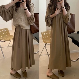 Đầm Dài Qua Gối Tay Dài Phong Cách Hàn Quốc Thời Trang Xuân Thu Cho Nữ