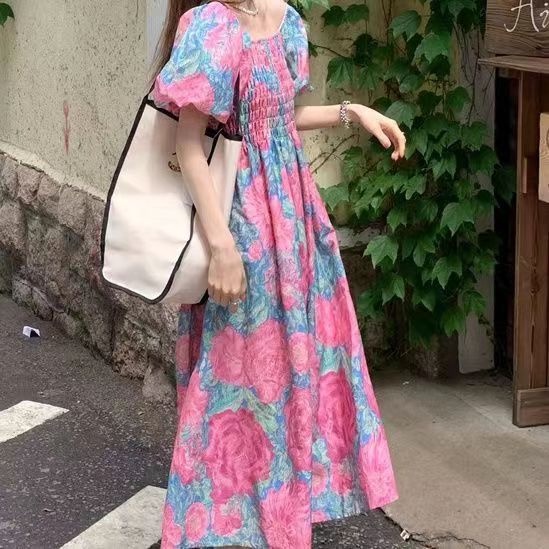 Đầm Tay Phồng Cổ Vuông Họa Tiết Hoa Phong Cách Pháp Thời Trang Mùa Xuân Mới Cho Nữ