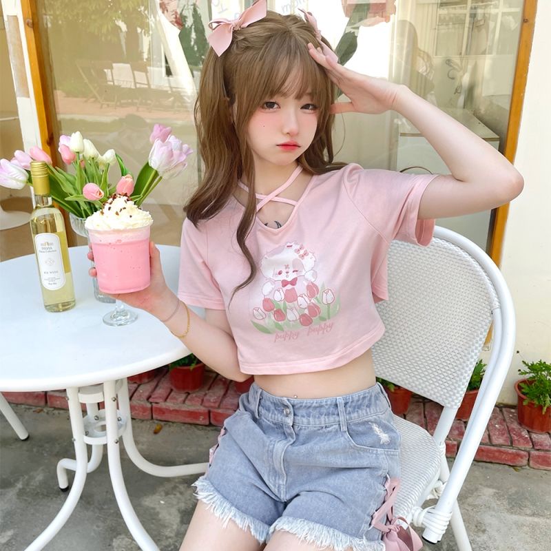Áo Thun Ngắn Cổ Chữ V Cột Dây Nơ In Họa Tiết Hoa Tulip Thời Trang 2 Cho Nữ 2