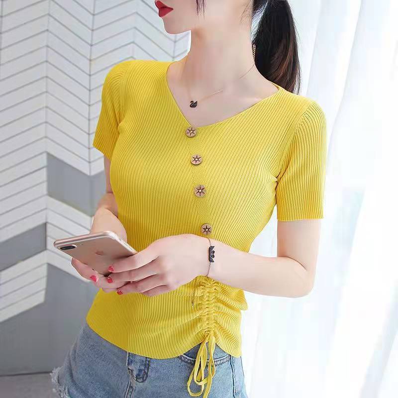 Áo Thun Dệt Kim Tay Ngắn Cổ Chữ V Thiết Kế Dây Rút Thời Trang Mùa Hè Hàng Mới Dành Cho Bạn Nữ