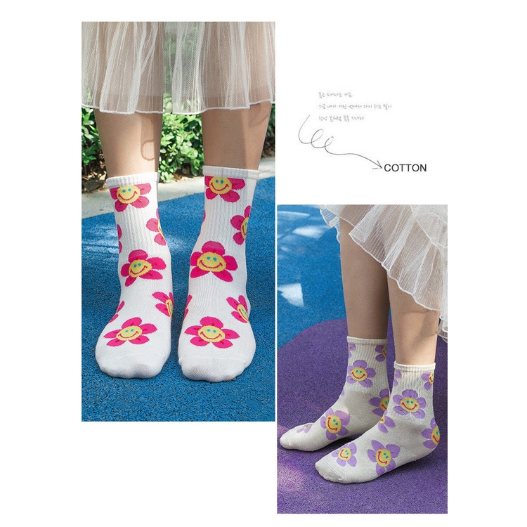 Vớ Cotton Họa Tiết Hoa Mặt Cười Phong Cách Hàn Quốc WAFNHA D165