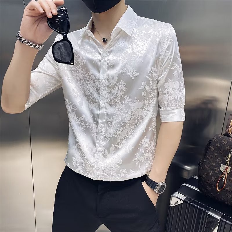 Áo Sơ Mi Tay Ngắn Dáng Ôm Vải Lụa Lạnh Màu Trơn Kiểu Đường Phố Hàn Quốc Thời Trang Mùa Thu Cho Nam M-3XL