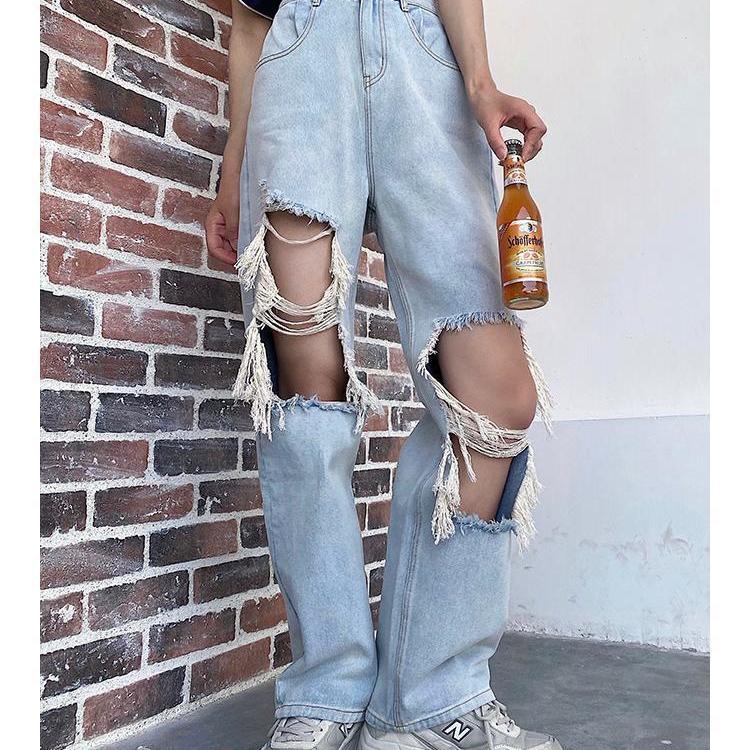 Jiashucheng Quần Jean Dài Lưng Cao Dáng Rộng Phối Rách Kiểu Retro Thời Trang Mùa Hè Cho Nữ
