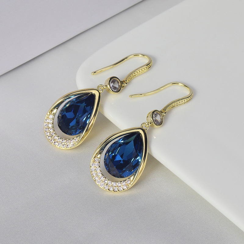 Khuyên Tai Dáng Dài Đính Đá Pha Lê Hình Giọt Nước Màu Xanh Dương Phong Cách Âu Mỹ Thời Trang Mới