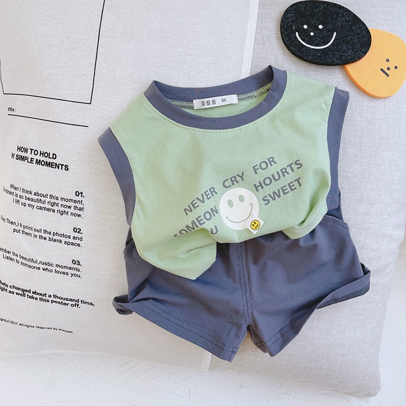 [Phong Cách Mới] Bộ Đồ Hai Mảnh Cotton Mỏng Không Tay Màu Trơn Cho Bé Trai