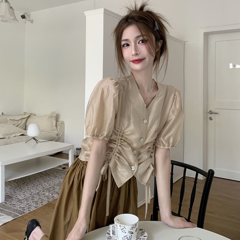 Set Áo Sơ Mi Tay Phồng Cao Cấp Phối Chân Váy Màu Trơn Thời Trang Mùa Hè Xinh Xắn Cho Nữ
