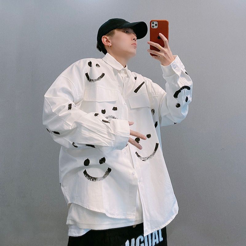 Hàng Mới Về Áo Sơ Mi Nam Dài Tay Dáng Rộng Họa Tiết Mặt Cười Phong Cách Nhật Bản