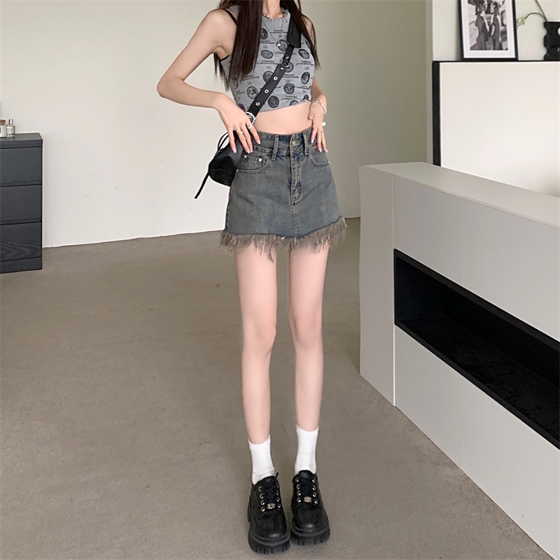 chân váy jean đầm denim lưng cao phối tua rua phong cách retro thời trang cho nữ