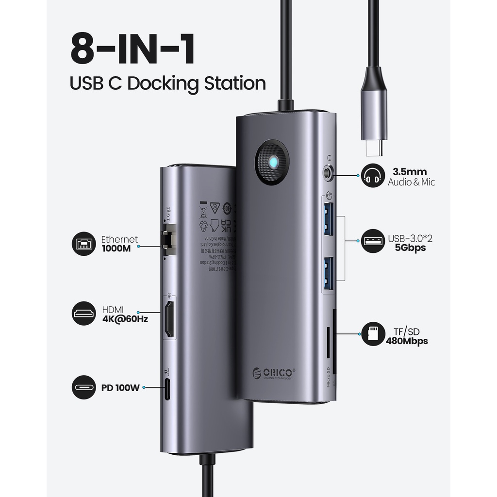 Hub chuyển đổi ORICO PW11 chia cổng USB C 8K 60Hz PD100W 8 trong 1 thích hợp cho Macbook/ Dell/ HP/ Surface/ Lenovo