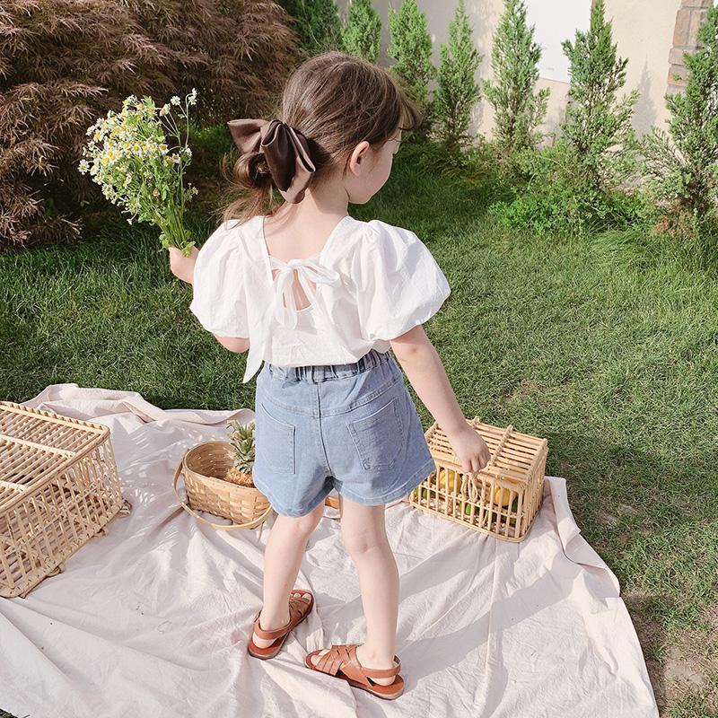 Set Áo Thun Tay Ngắn Phồng + Quần Jean Ngắn Thời Trang Mùa Hè Cho Bé Gái