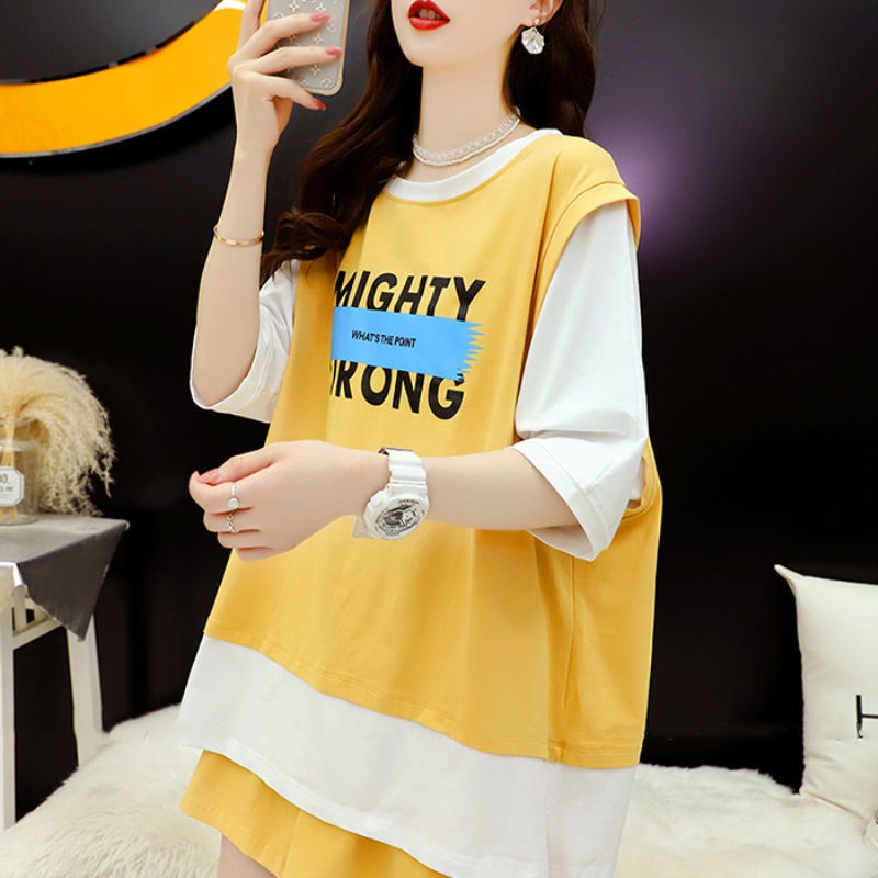 Set Áo Thun Ngắn Tay Giả Hai Lớp + Quần short Dáng Rộng Thời Trang 2023 Cho Nữ