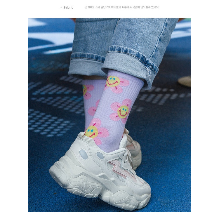 Vớ Cotton Họa Tiết Hoa Mặt Cười Phong Cách Hàn Quốc WAFNHA D165