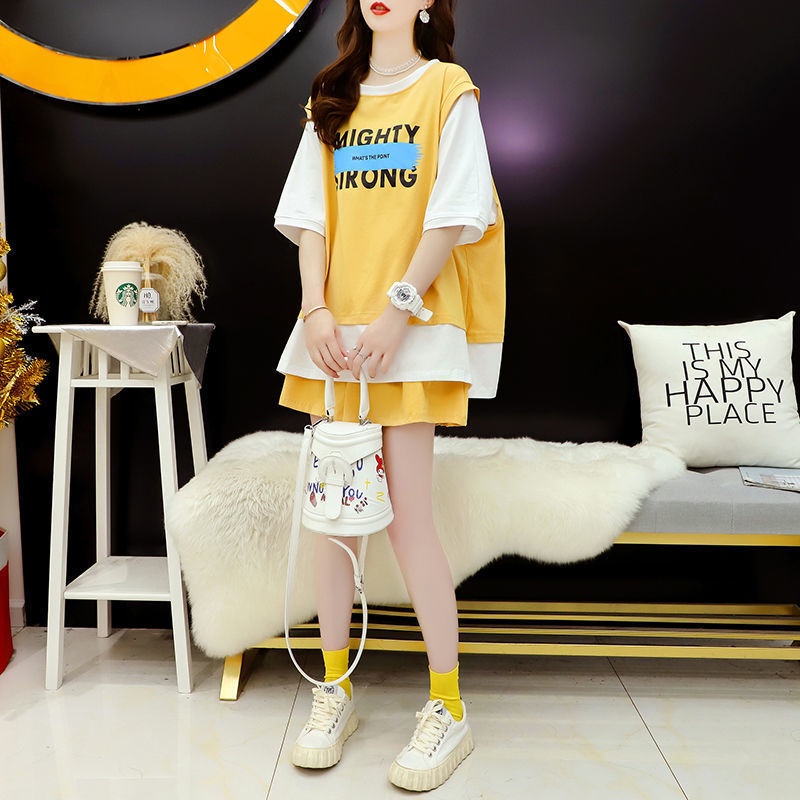 Set Áo Thun Ngắn Tay Giả Hai Lớp + Quần short Dáng Rộng Thời Trang 2023 Cho Nữ