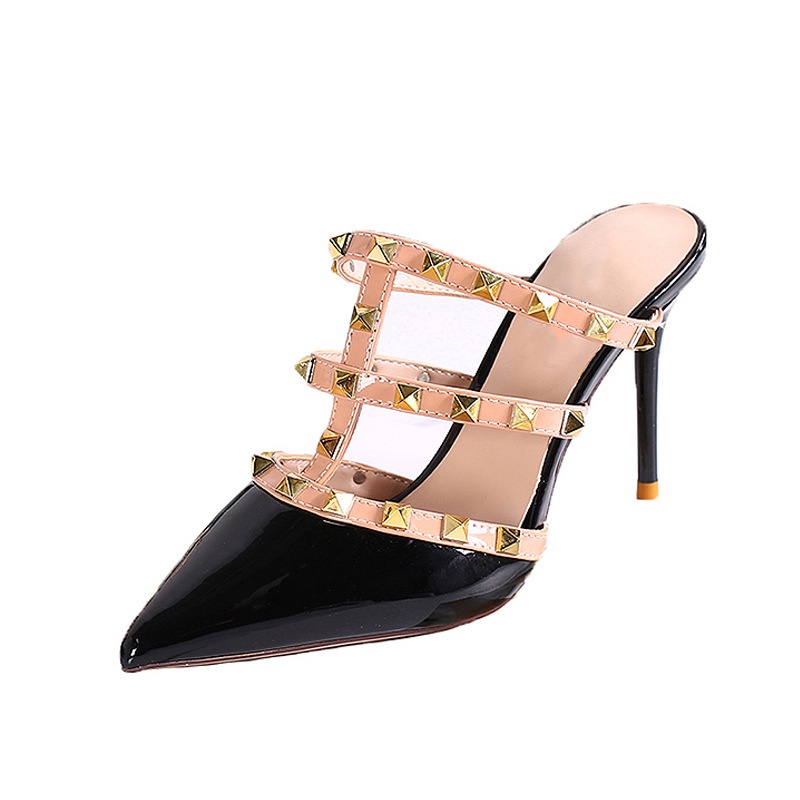 Giày Cao Gót Da Bóng Mũi Nhọn Đính Đinh Tán Thời Trang Cho Nữ
