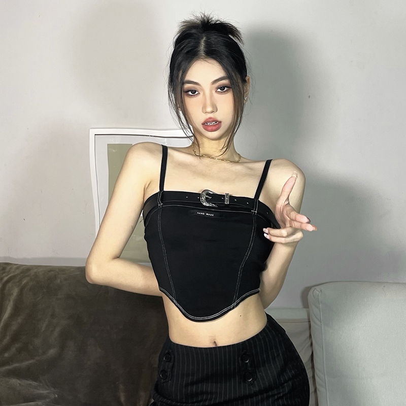 Áo Hai Dây Màu Đen Dáng Ôm Phong Cách Đường Phố Quyến Rũ Cho Nữ