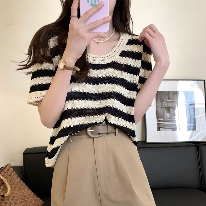 Áo Dệt Kim Cổ Tròn Họa Tiết Kẻ Sọc Phong Cách Cổ Điển Thời Trang Cho Nữ
