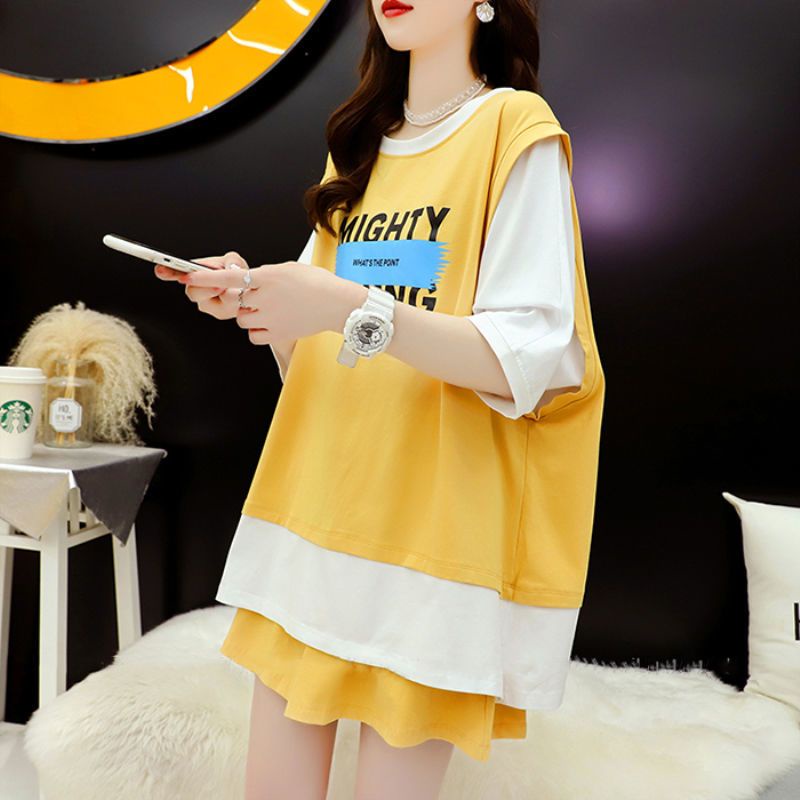 Set Áo Thun Ngắn Tay Giả Hai Lớp + Quần short Dáng Rộng Thời Trang 2023 Cho Nữ