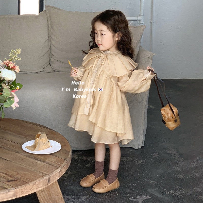 Đầm Công Chúa Tay Dài Cổ Bèo Màu Rượu Champagne Xinh Xắn Cho Bé Gái