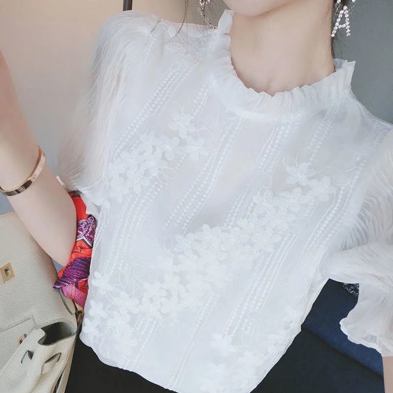 Áo Sơ Mi Chiffon Tay Dài Dáng Rộng Phối Ren Phong Cách Hàn Quốc Thời Trang Cho Nữ