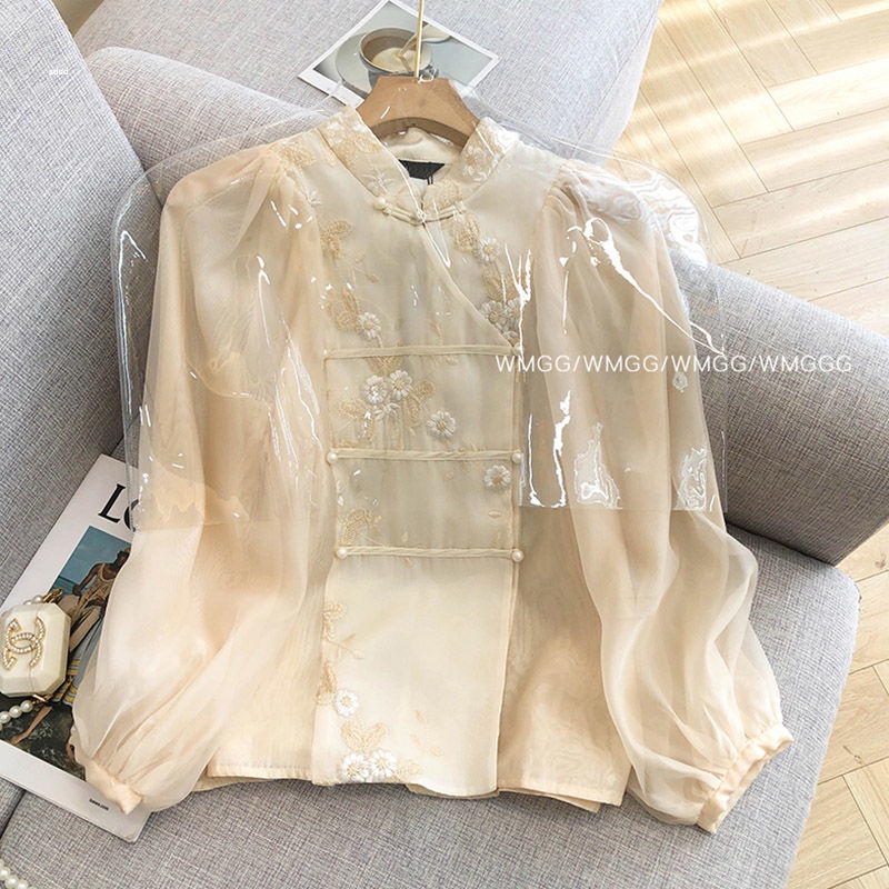 Áo Sơ Mi Chiffon Tay Dài Dáng Suông Thêu Họa Tiết Đính Hạt Kiểu Trung Hoa 23 Thời Trang Cho Nữ