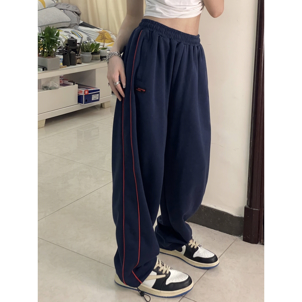 Ethelgirl Quần Thể Thao Ống Rộng Kẻ Sọc Phong Cách retro Mỹ Cho Nữ