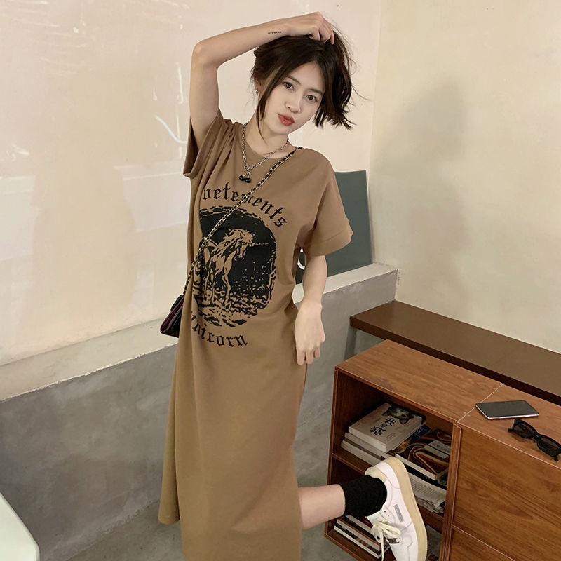 Đầm Thun Tay Ngắn Dáng Rộng Xẻ Tà In Họa Tiết Thời Trang Mùa Hè Kiểu Mới Cho Nữ