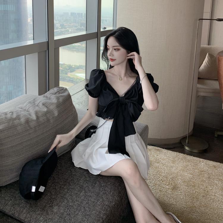 COZOK Áo Sơ Mi Tay Ngắn Cổ Vuông Thắt Nơ Eo Phong Cách Hàn Quốc Quyến Rũ Dành Cho Nữ