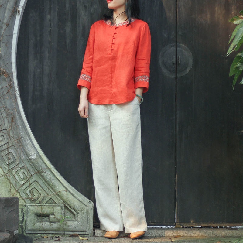 Áo Cotton Lanh Dáng Rộng Thoáng Khí Cài Khóa Đĩa Đơn Giản Cổ Điển