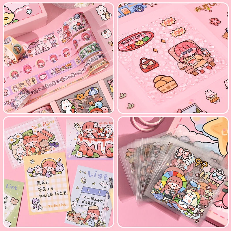 Hộp Sticker 100 Tấm +Washi Tape/Set Sticker/Sticker Trang Trí Sổ Tay/Sticker Cute 100 Tấm Sticker Trong Suốt/Quà tặng của trẻ em