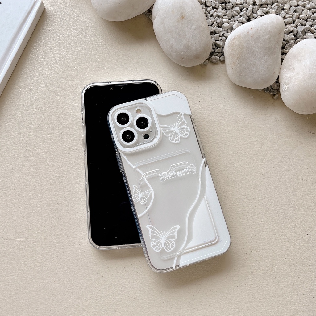 Ốp Điện Thoại Tpu Mềm Trong Suốt Có Ngăn Đựng Thẻ In Hình Bướm Cho iPhone 14 13 12 11 Pro XS Max 7 8 Plus