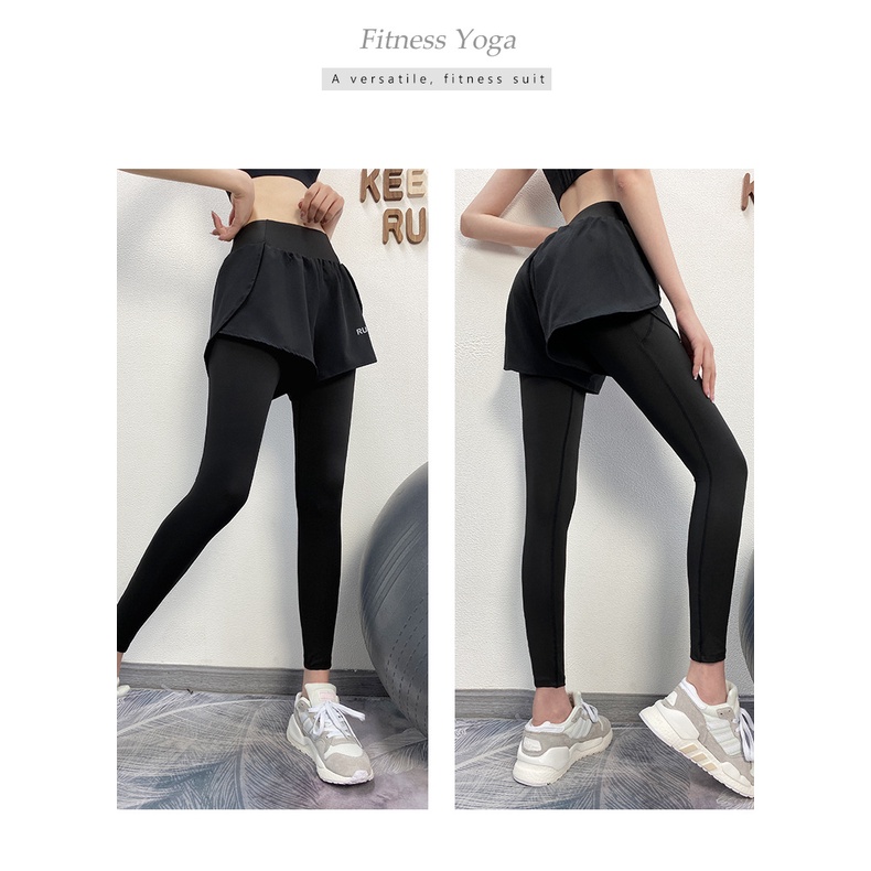 Quần Legging Thể Thao Lưng Cao Giả Hai Lớp Thoáng Khí Có Túi Thời Trang Mới Cho Nữ
