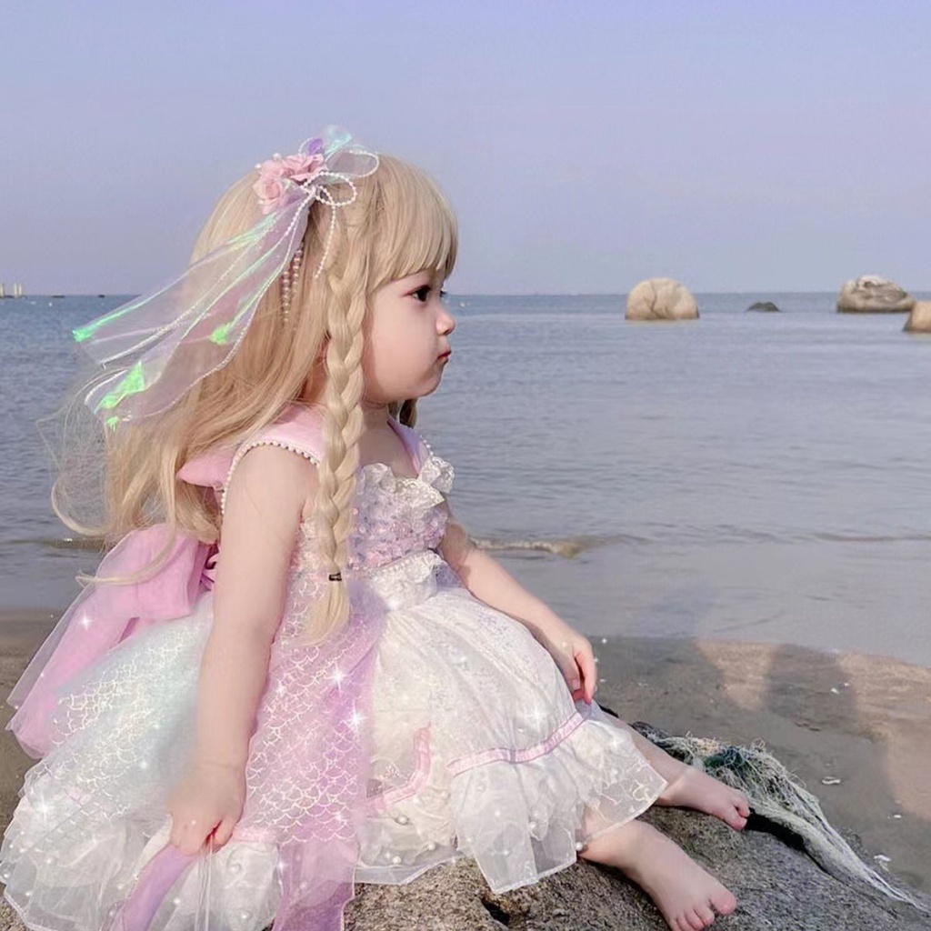 Bộ Tóc Giả Dài Thẳng Tự Nhiên Màu Vàng Kim Phong Cách Keli Cho Bé Gái