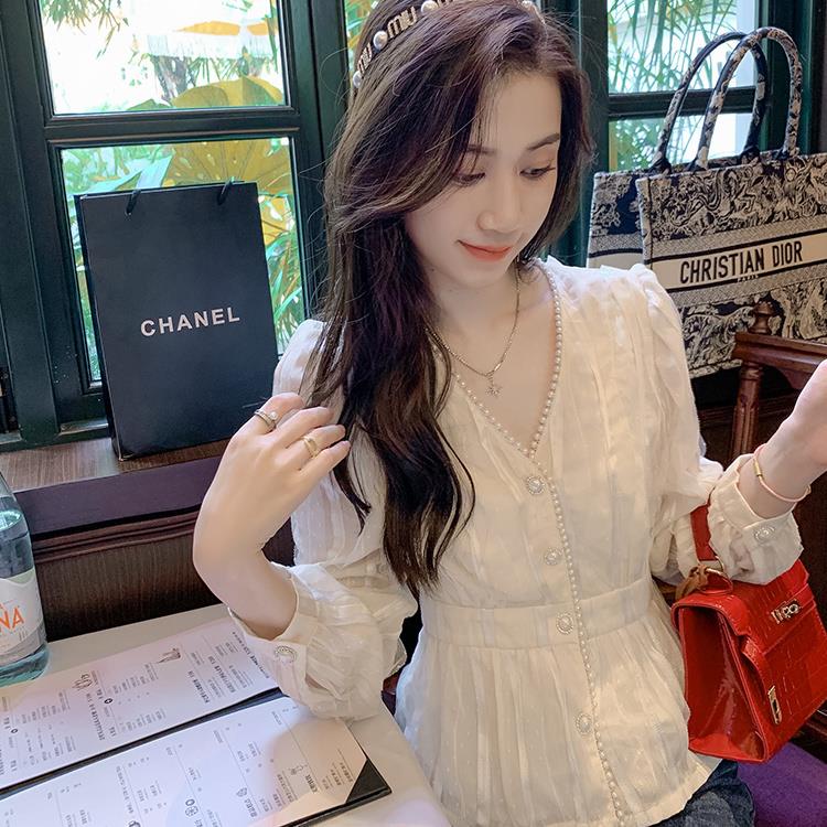 Áo Sơ Mi chiffon Tay Phồng Cổ Chữ V Đính Ngọc Trai Thời Trang Mùa Xuân 2023 Mới